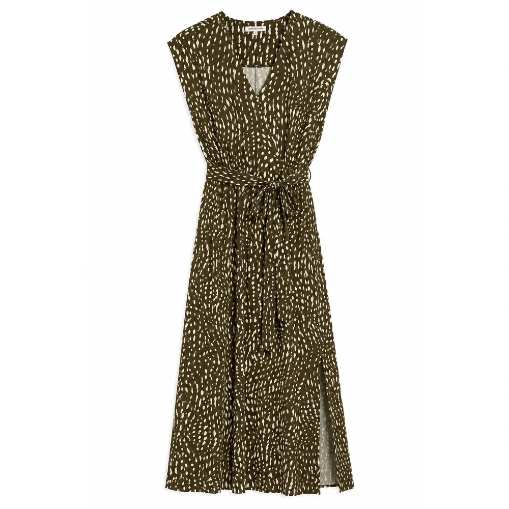 Nine Britton Mari V-Neck Midi Dress Olive Abstract Animal Print Side Slit M NEW